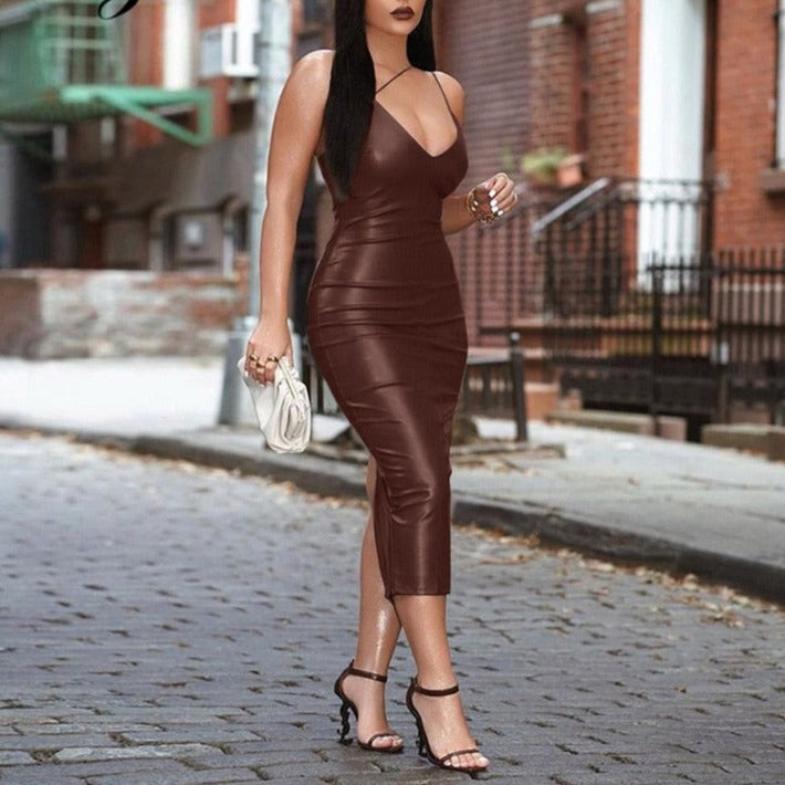 Faux Leather V-Neck Spaghetti Strap Backless Bodycon Midi Dress