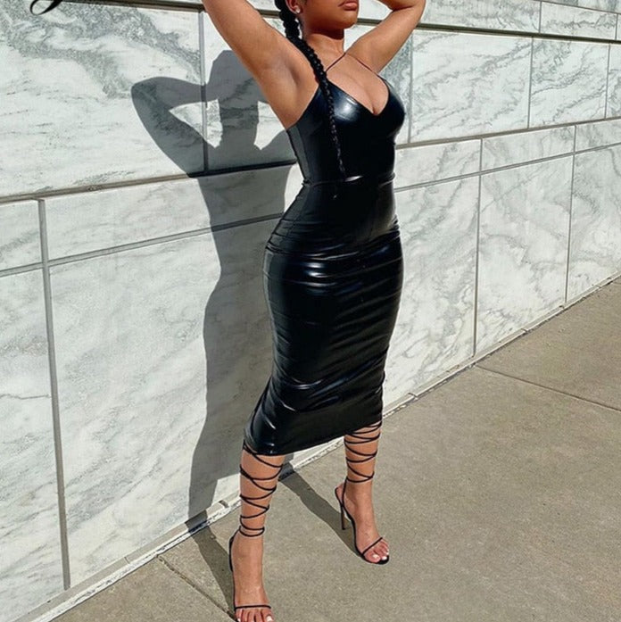 Faux Leather V-Neck Spaghetti Strap Backless Bodycon Midi Dress