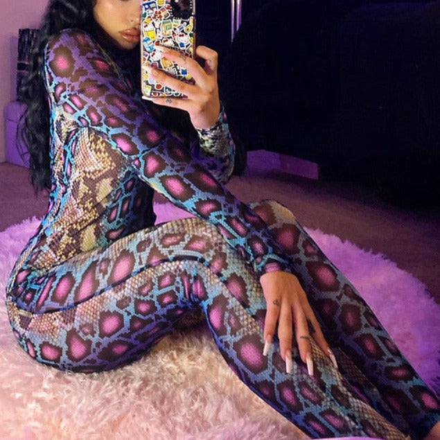 Multicolor Snakeskin Print Sheer Mesh Long-Sleeve Bodycon Jumpsuit