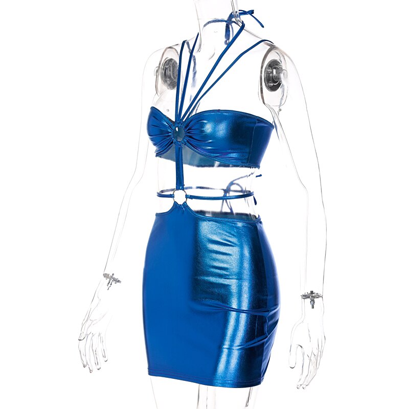 Satin Multi-Strap Halter Cutout Mini Dress | O-Ring Waist & Ruched Bust
