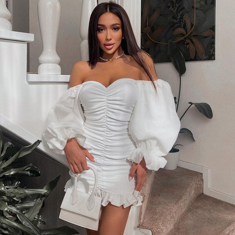 The Off-Shoulder Puff Sleeve Ruched Mini Dress