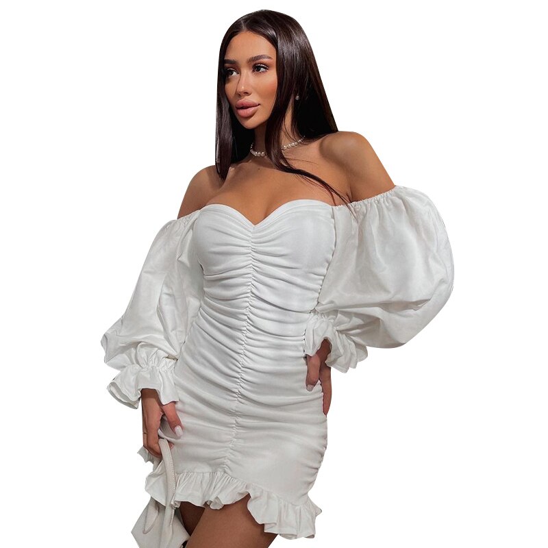 The Off-Shoulder Puff Sleeve Ruched Mini Dress