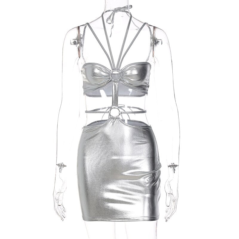 Satin Multi-Strap Halter Cutout Mini Dress | O-Ring Waist & Ruched Bust