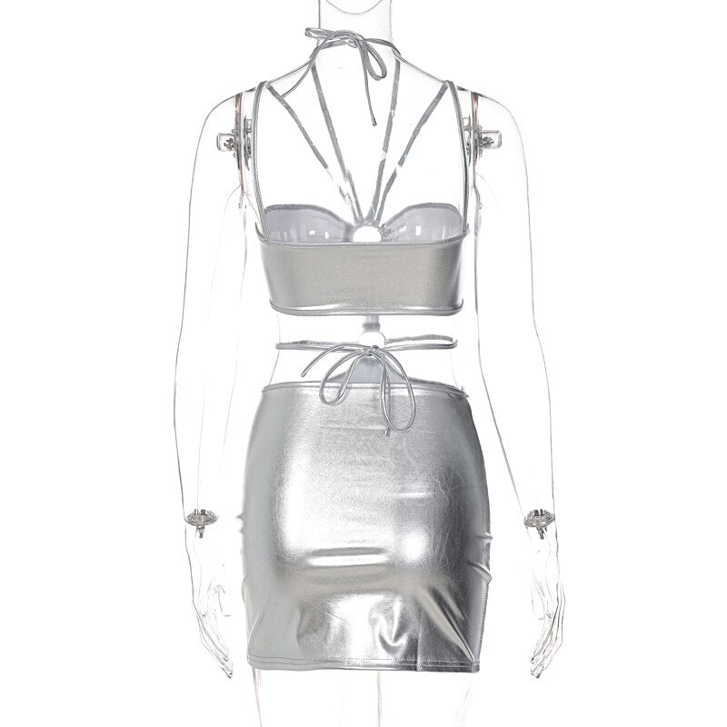 Satin Multi-Strap Halter Cutout Mini Dress | O-Ring Waist & Ruched Bust