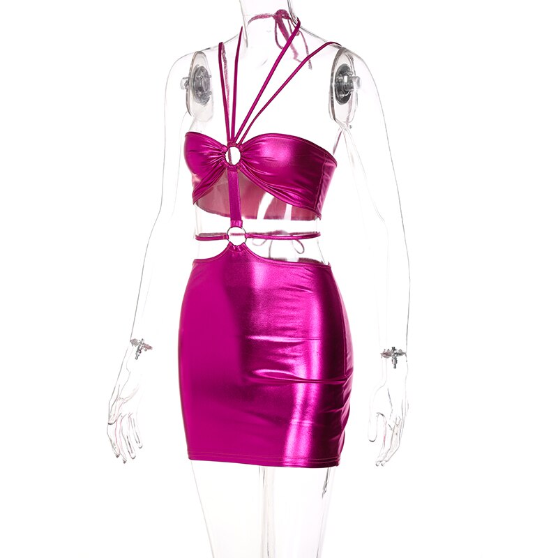 Satin Multi-Strap Halter Cutout Mini Dress | O-Ring Waist & Ruched Bust