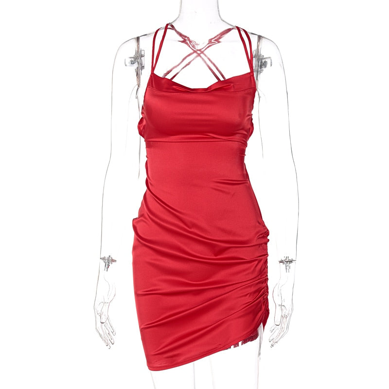 The Satin Lace-Up Cross Bandage Mini Dress