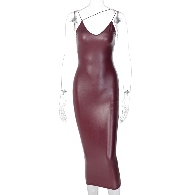 Faux Leather V-Neck Spaghetti Strap Backless Bodycon Midi Dress