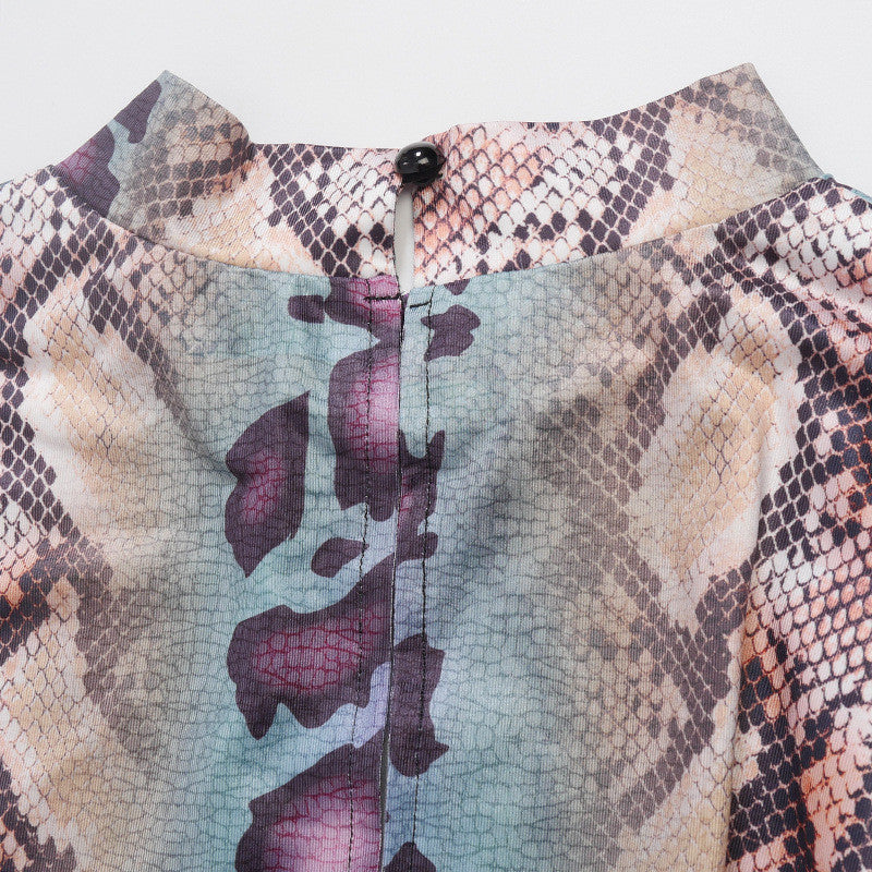 Multicolor Snakeskin Print Sheer Mesh Long-Sleeve Bodycon Jumpsuit