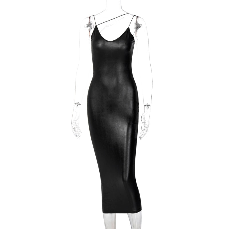 Faux Leather V-Neck Spaghetti Strap Backless Bodycon Midi Dress