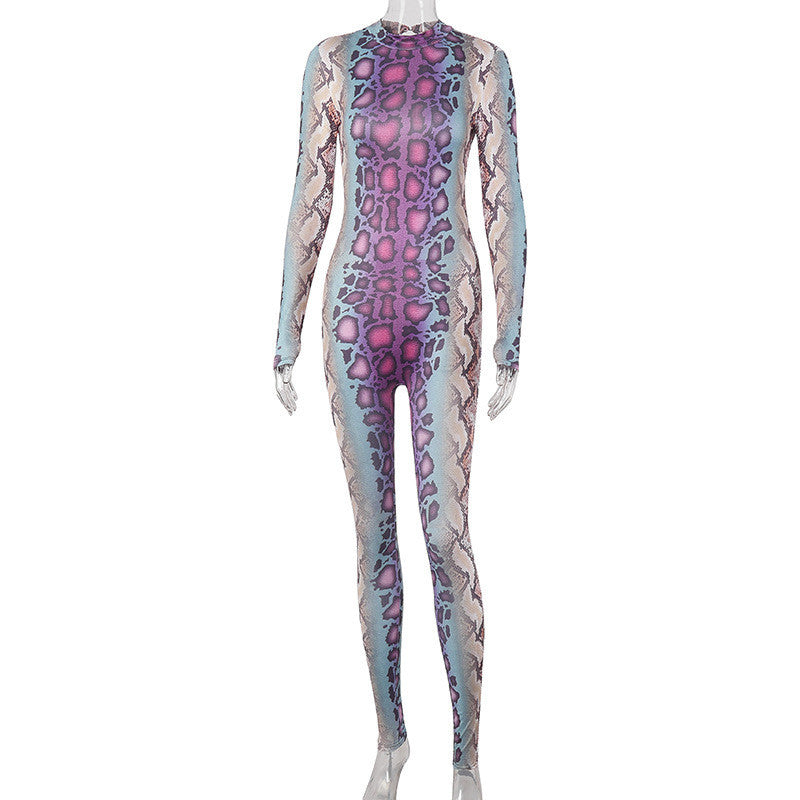 Multicolor Snakeskin Print Sheer Mesh Long-Sleeve Bodycon Jumpsuit