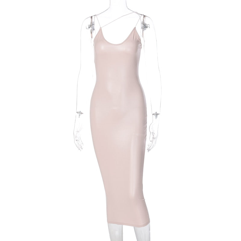 Faux Leather V-Neck Spaghetti Strap Backless Bodycon Midi Dress
