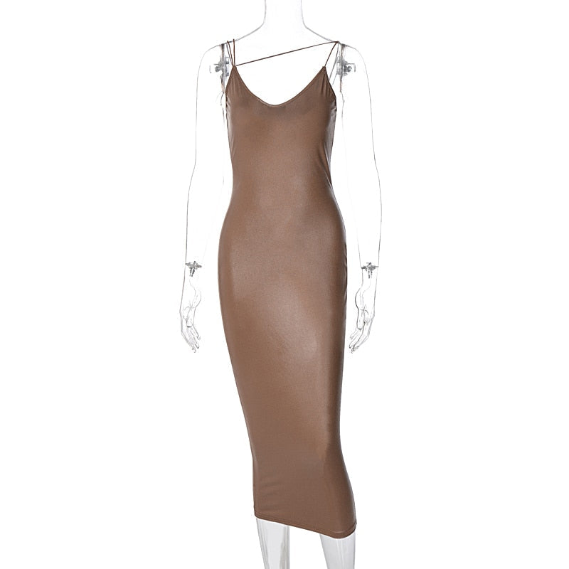 Faux Leather V-Neck Spaghetti Strap Backless Bodycon Midi Dress