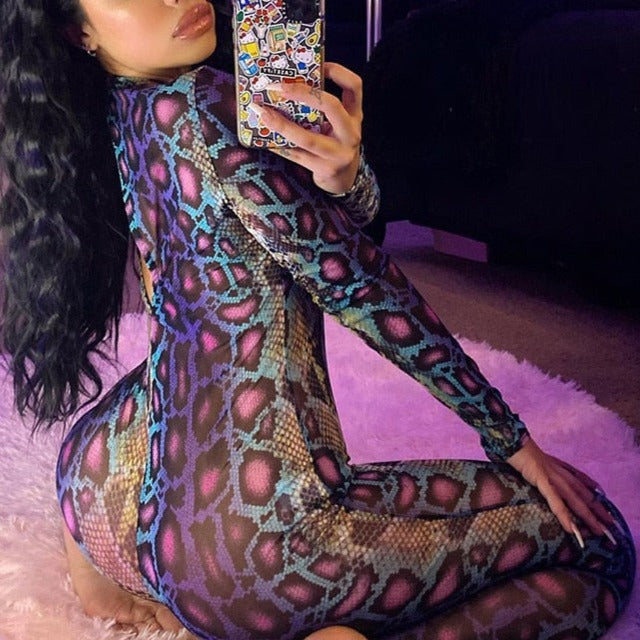 Multicolor Snakeskin Print Sheer Mesh Long-Sleeve Bodycon Jumpsuit