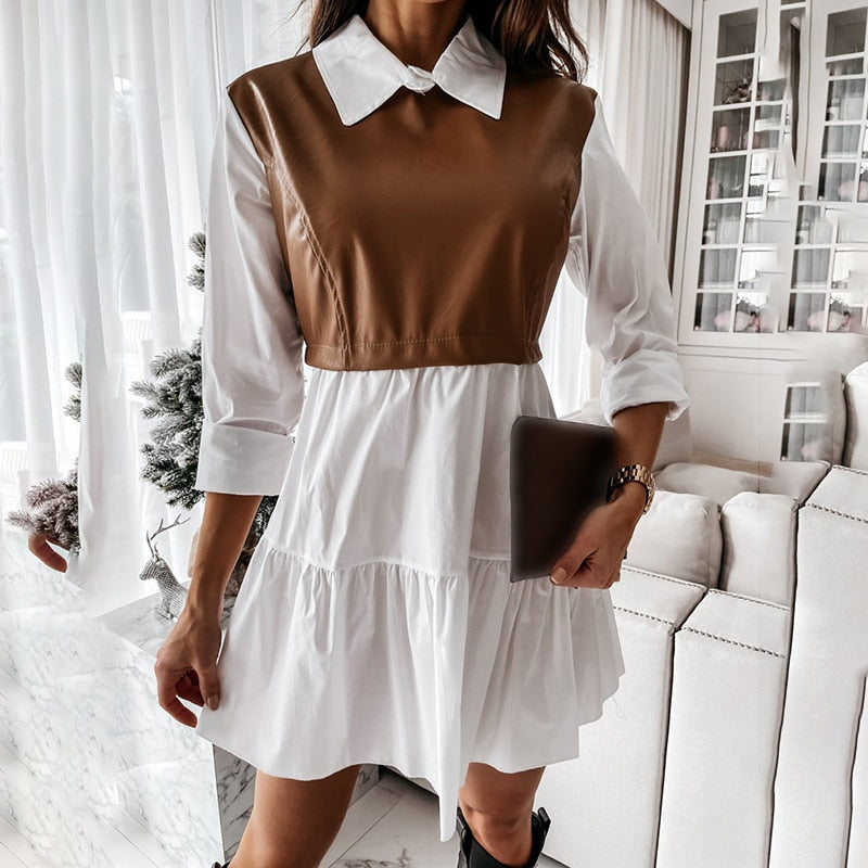 The City Contrast Faux-Leather Panel Shirt Dress