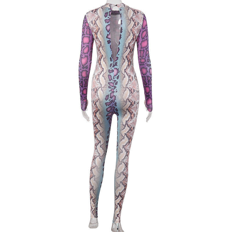 Multicolor Snakeskin Print Sheer Mesh Long-Sleeve Bodycon Jumpsuit