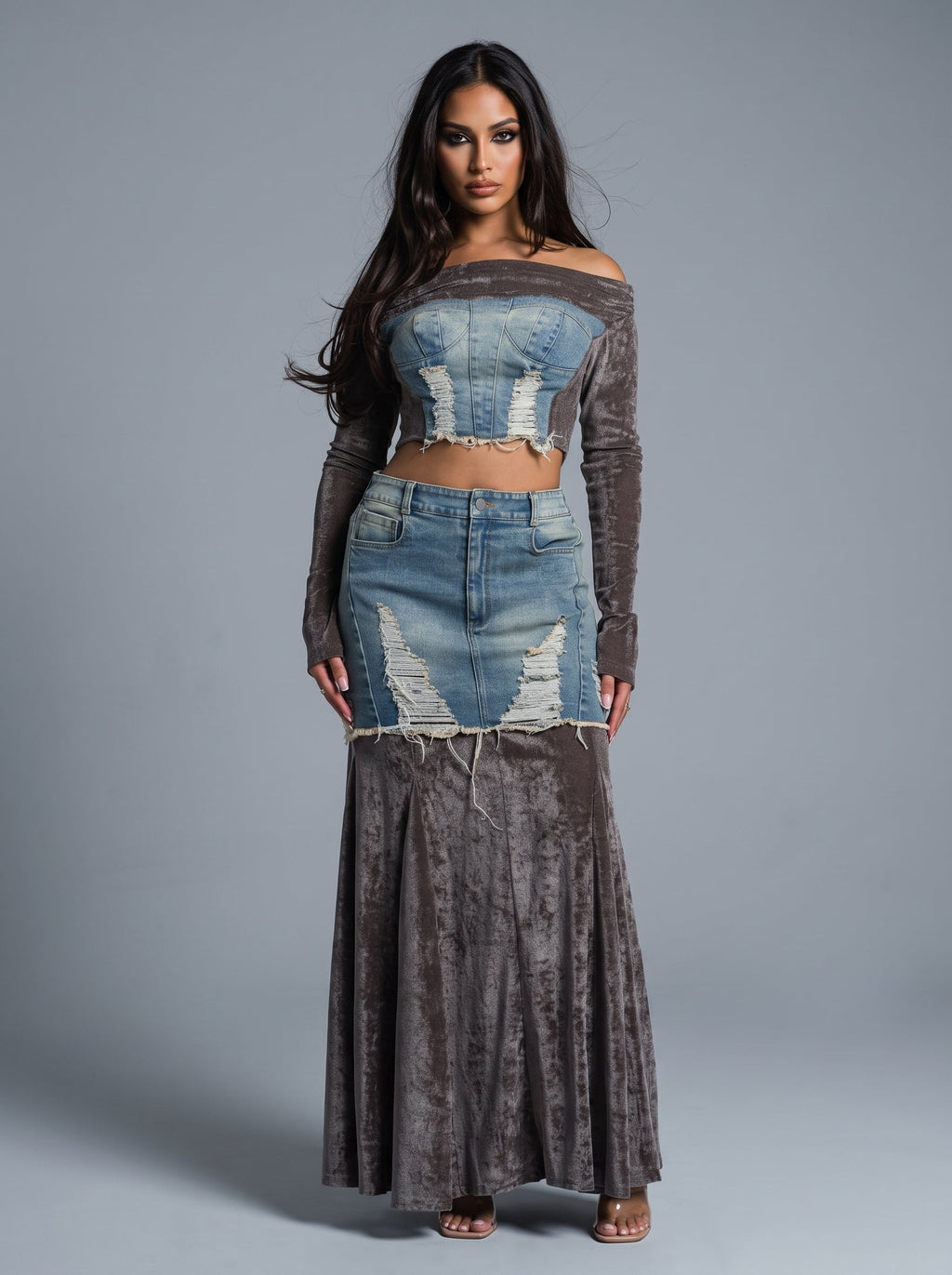 The Velvet Rebel Denim Maxi Skirt Set