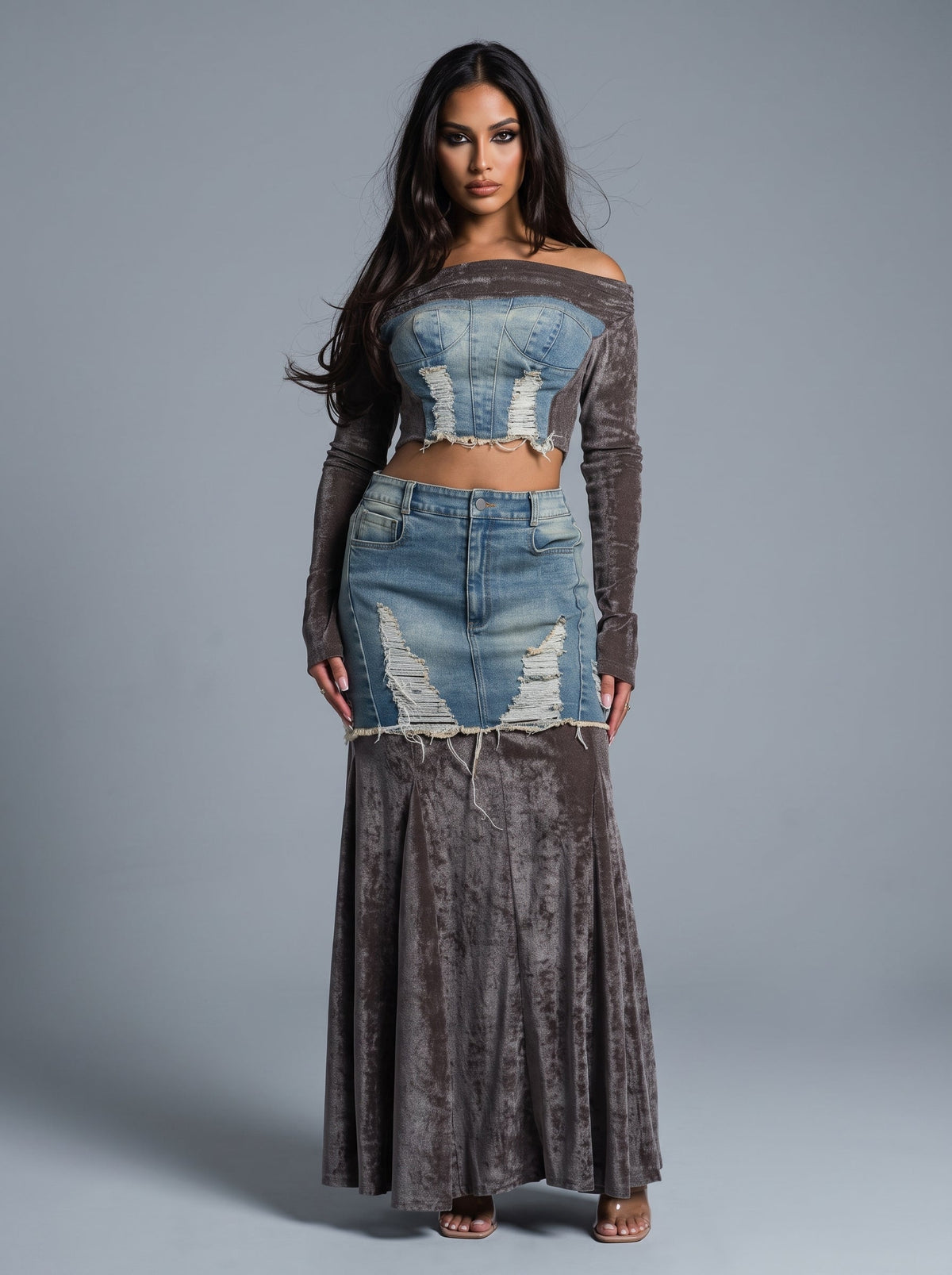 The Velvet Rebel Denim Maxi Skirt Set