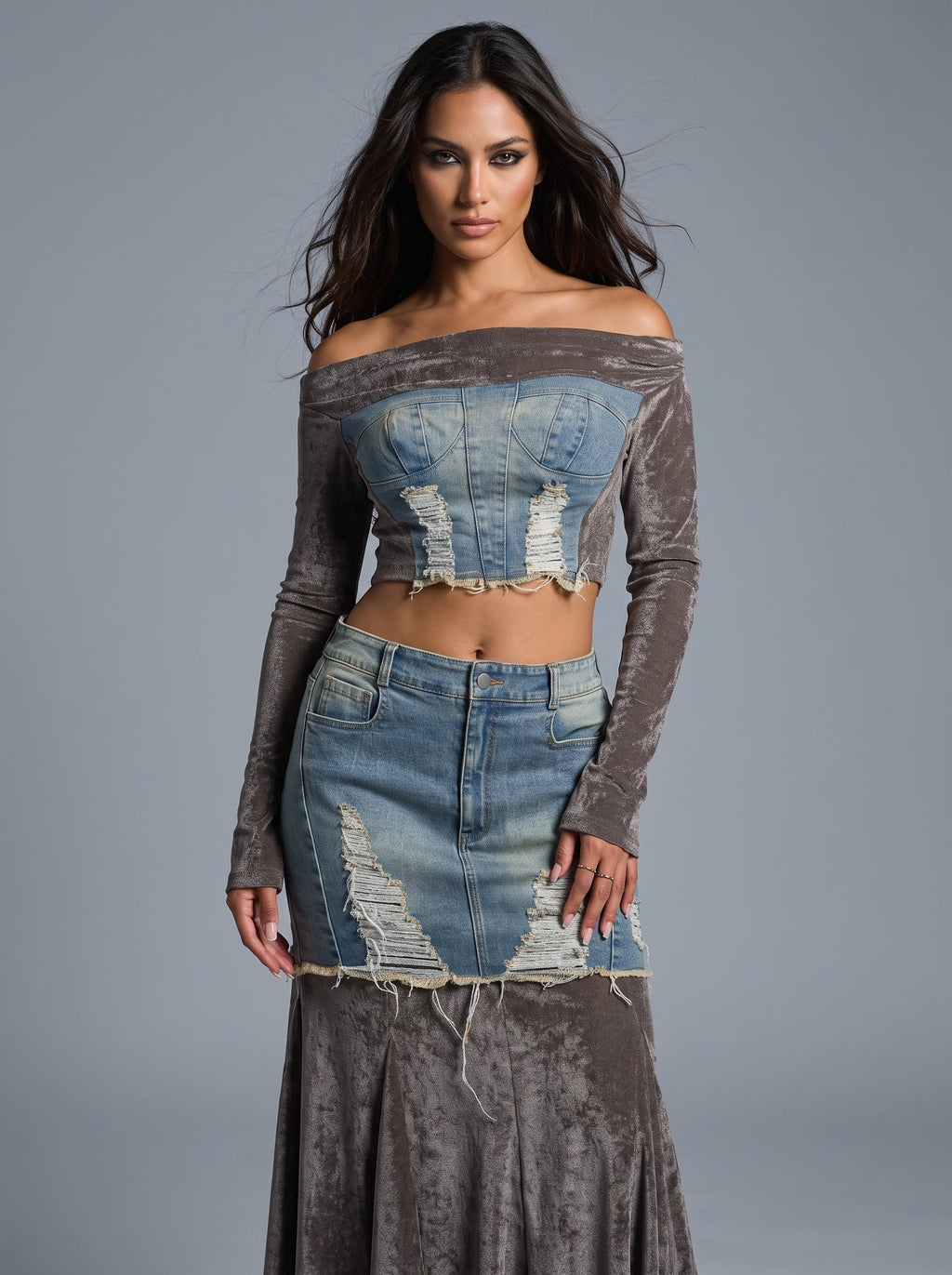 The Velvet Rebel Denim Maxi Skirt Set