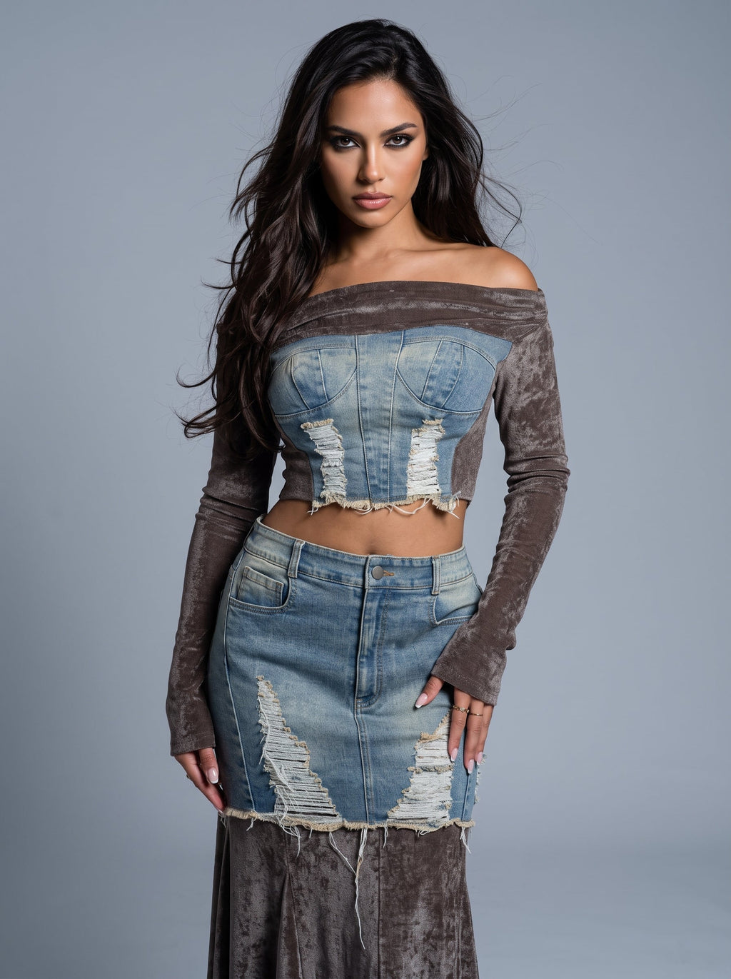 The Velvet Rebel Denim Maxi Skirt Set
