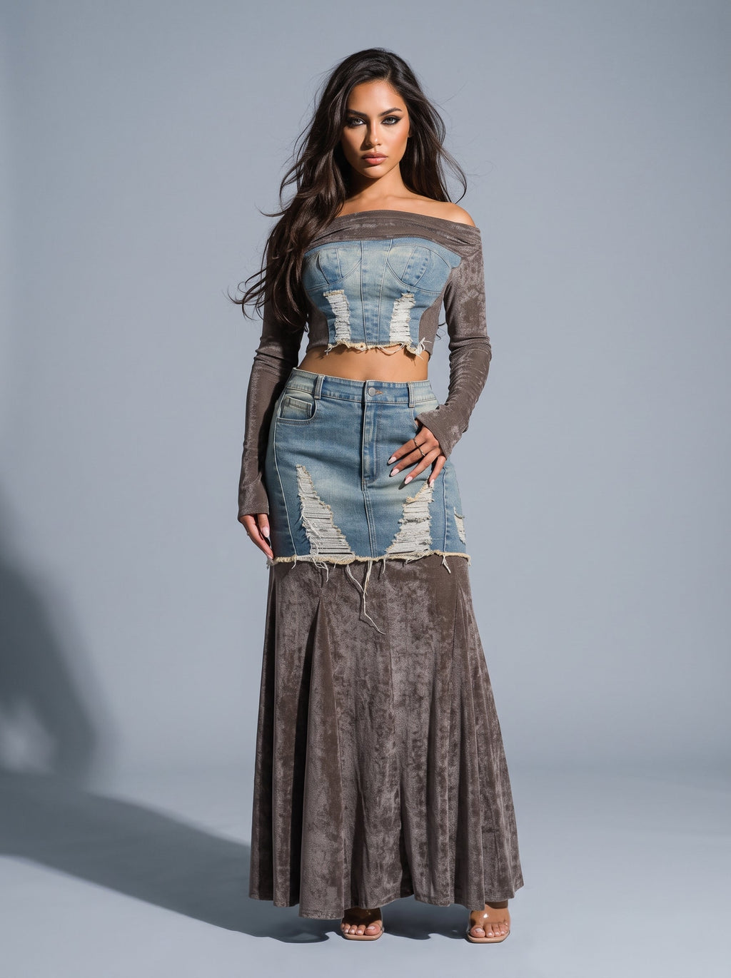 The Velvet Rebel Denim Maxi Skirt Set