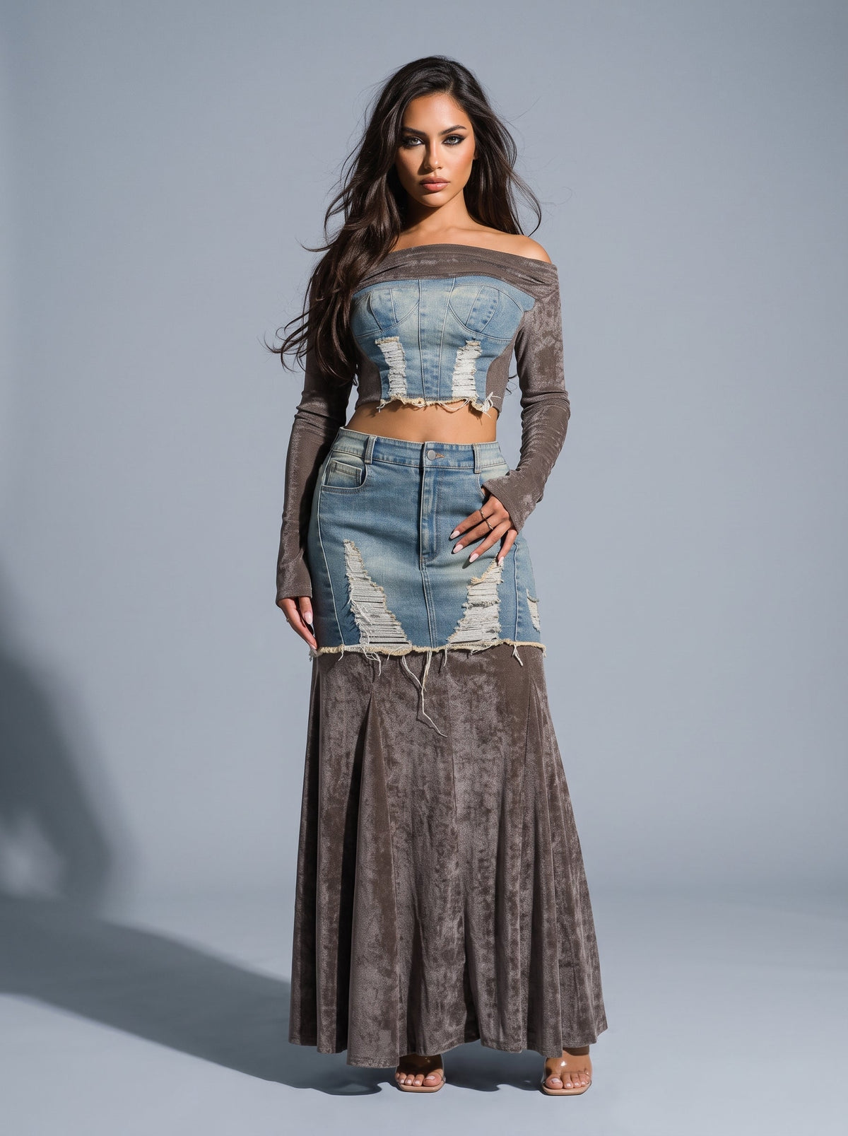 The Velvet Rebel Denim Maxi Skirt Set