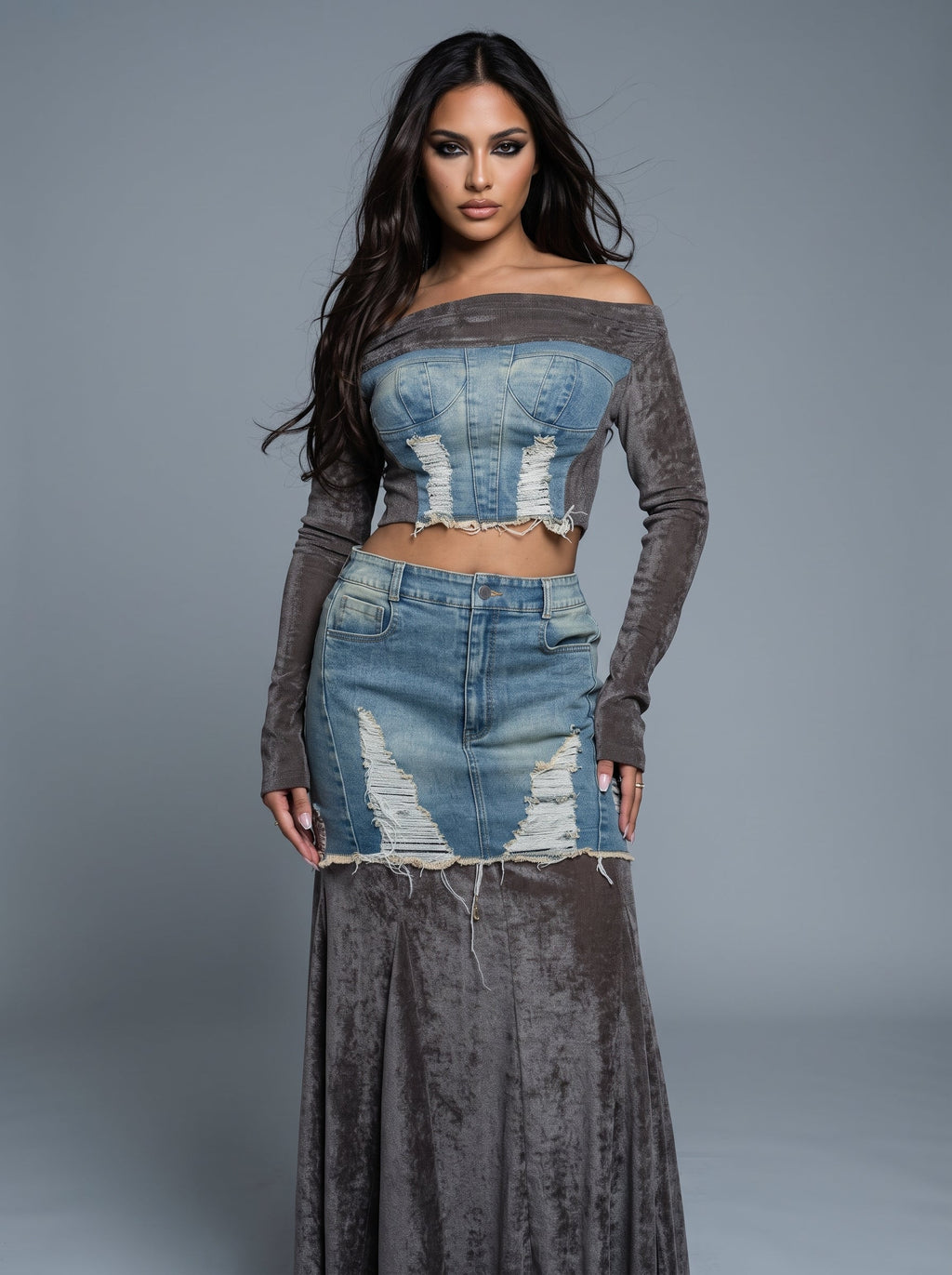 The Velvet Rebel Denim Maxi Skirt Set