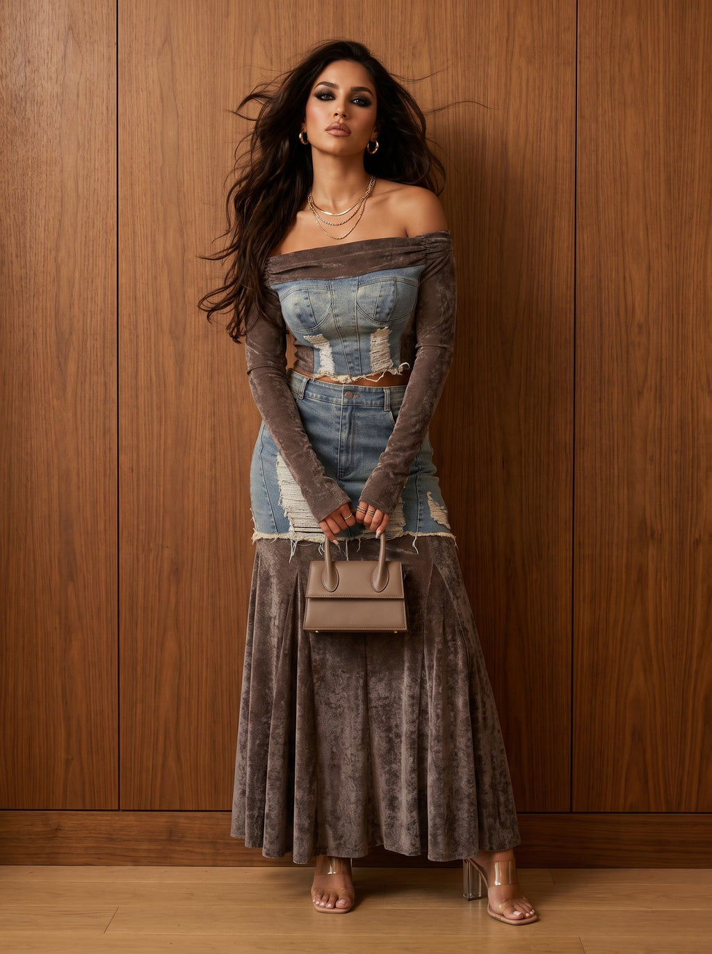 The Velvet Rebel Denim Maxi Skirt Set