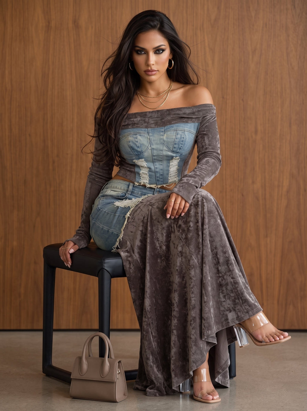 The Velvet Rebel Denim Maxi Skirt Set