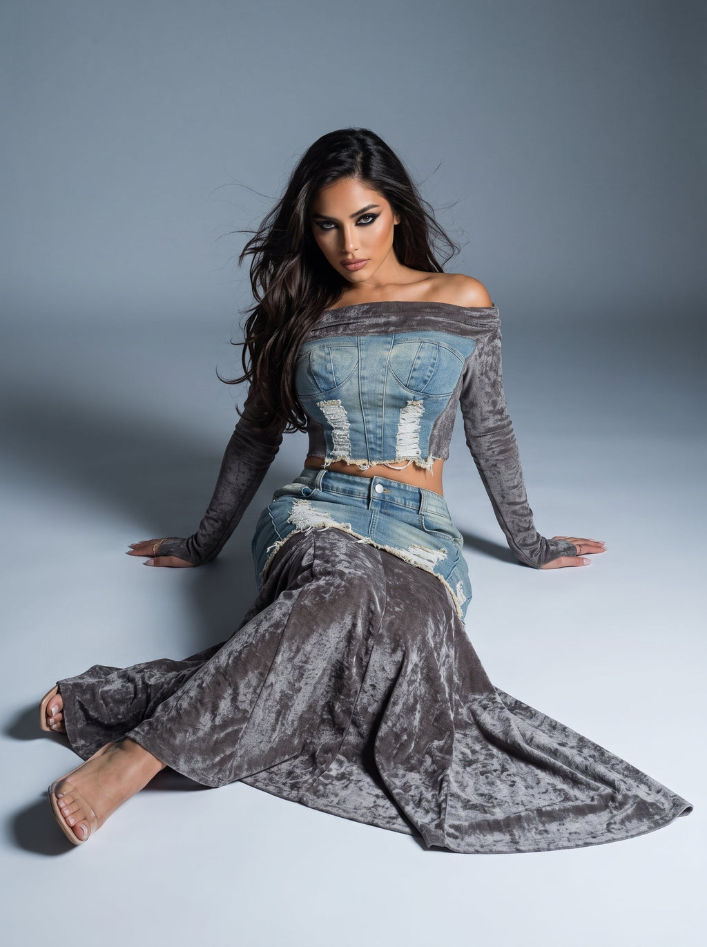 The Velvet Rebel Denim Maxi Skirt Set