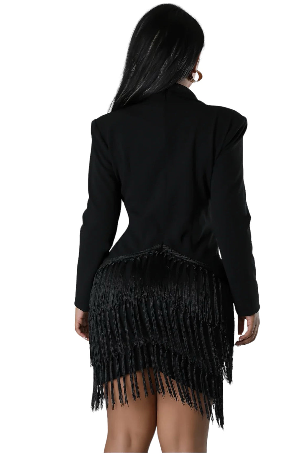 Deep V Blazer Bodice Tiered Fringe Mini Dress
