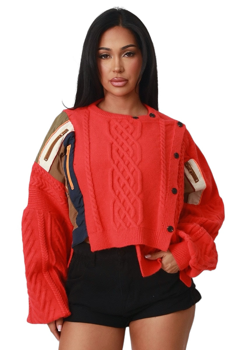 Cable Knit Patchwork Crop Sweater