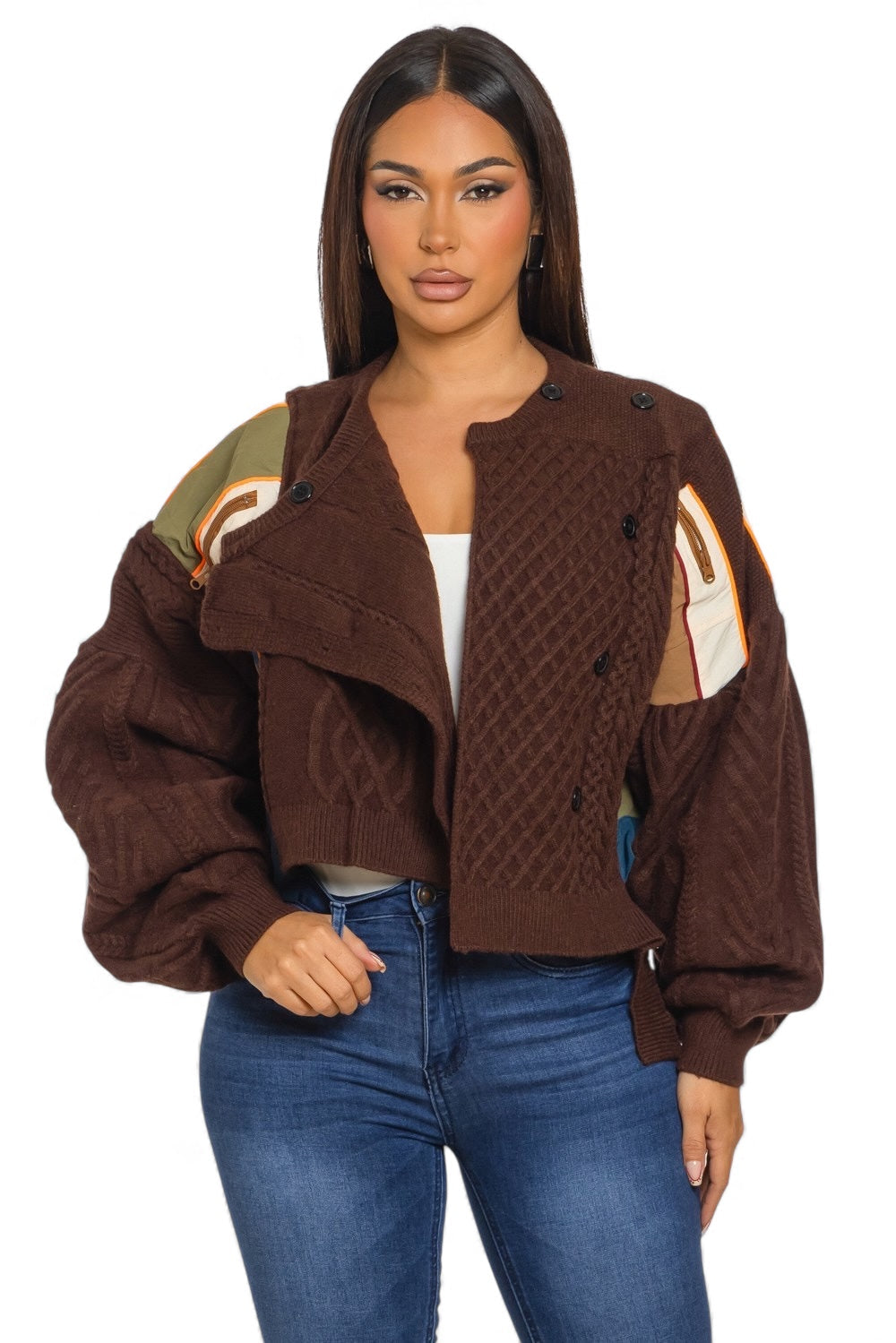 Cable Knit Patchwork Crop Sweater