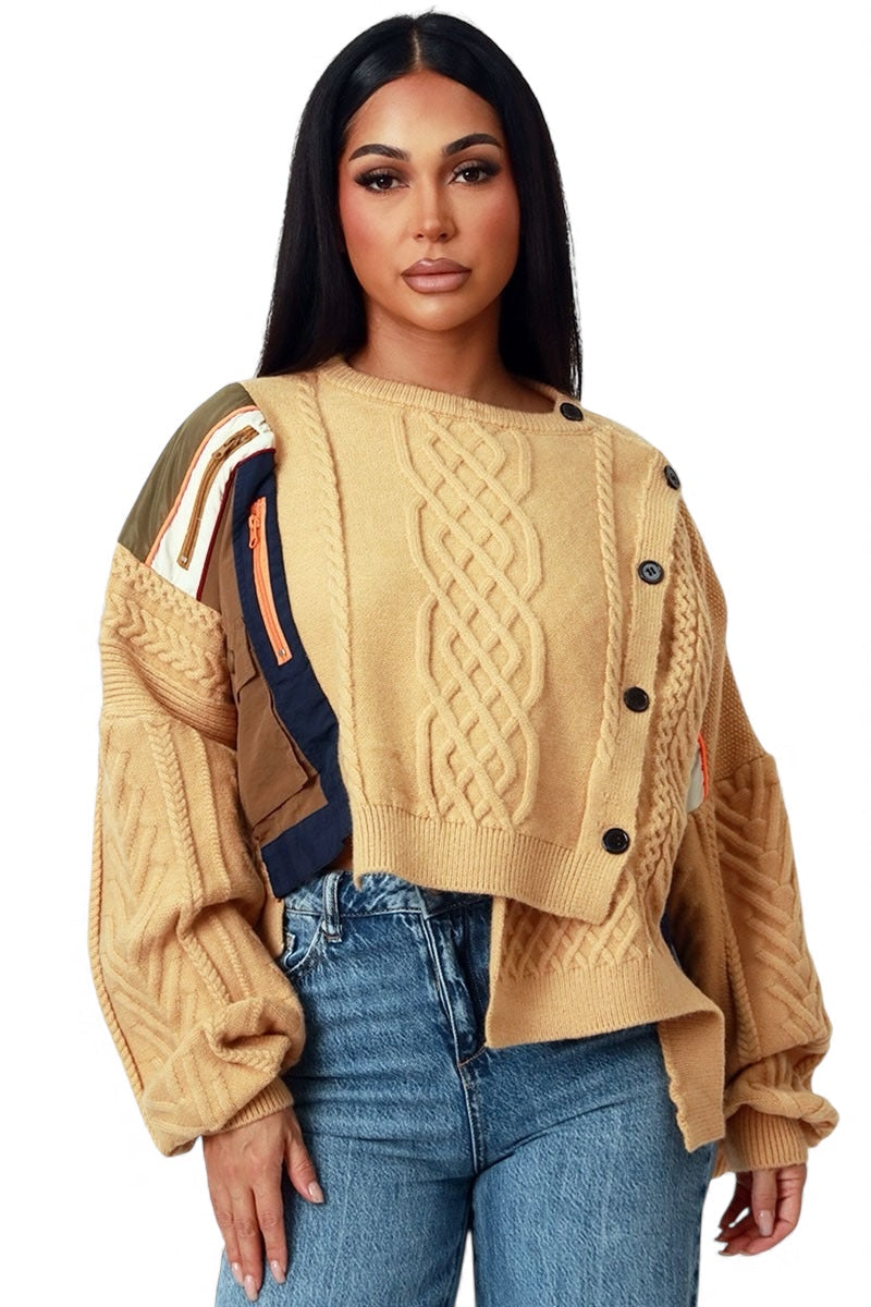 Cable Knit Patchwork Crop Sweater