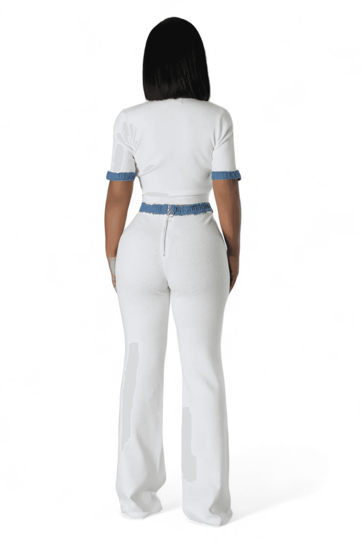 Knit & Denim Trim Two-Piece Pants Set