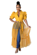 Puff Sleeve Button-Up Top & Tiered Sheer Tulle Maxi Skirt Set