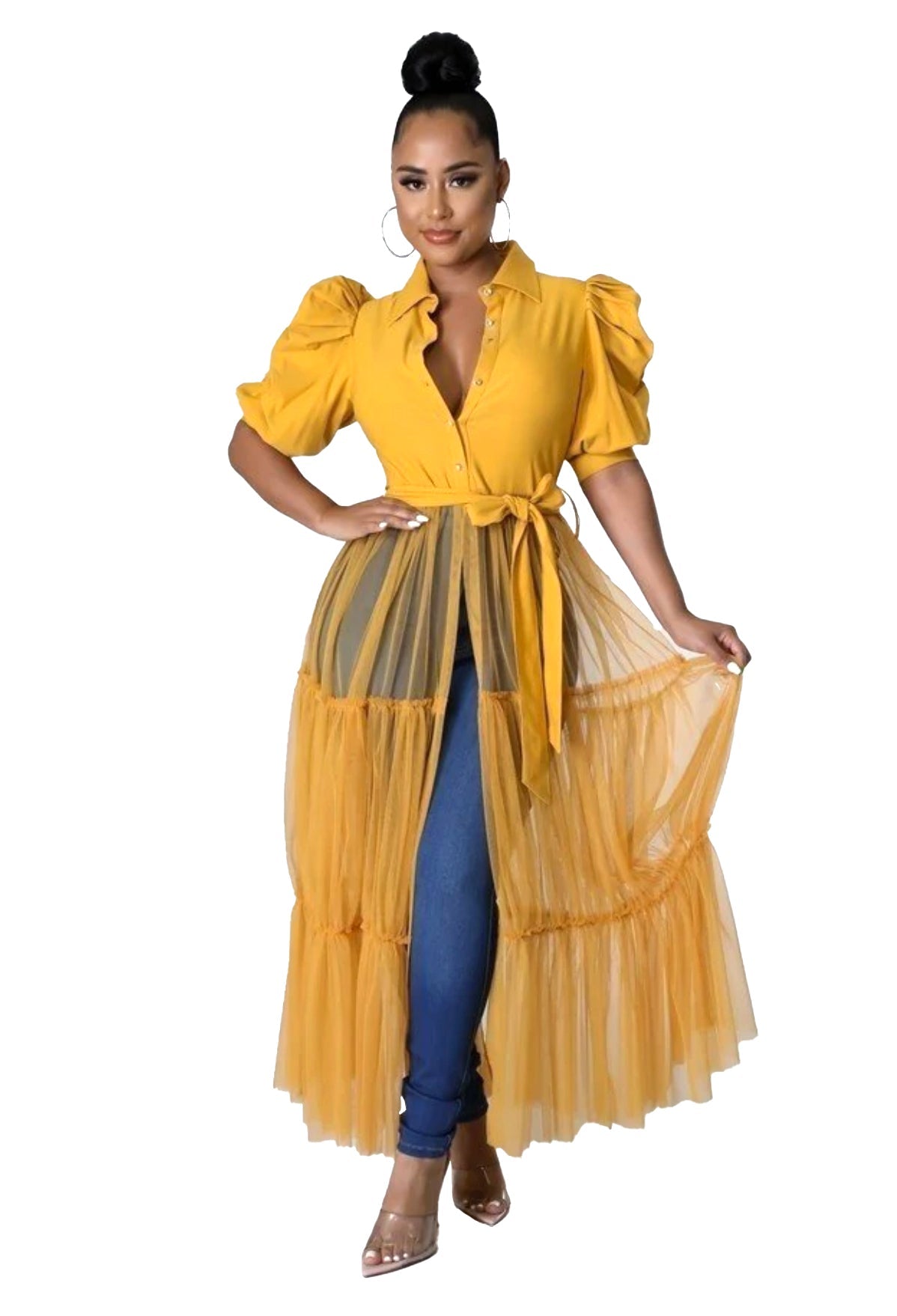 Puff Sleeve Button-Up Top & Tiered Sheer Tulle Maxi Skirt Set