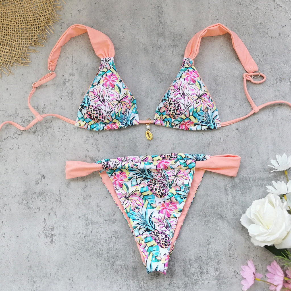 Peach Tropical Pineapple Print Triangle Bikini Set