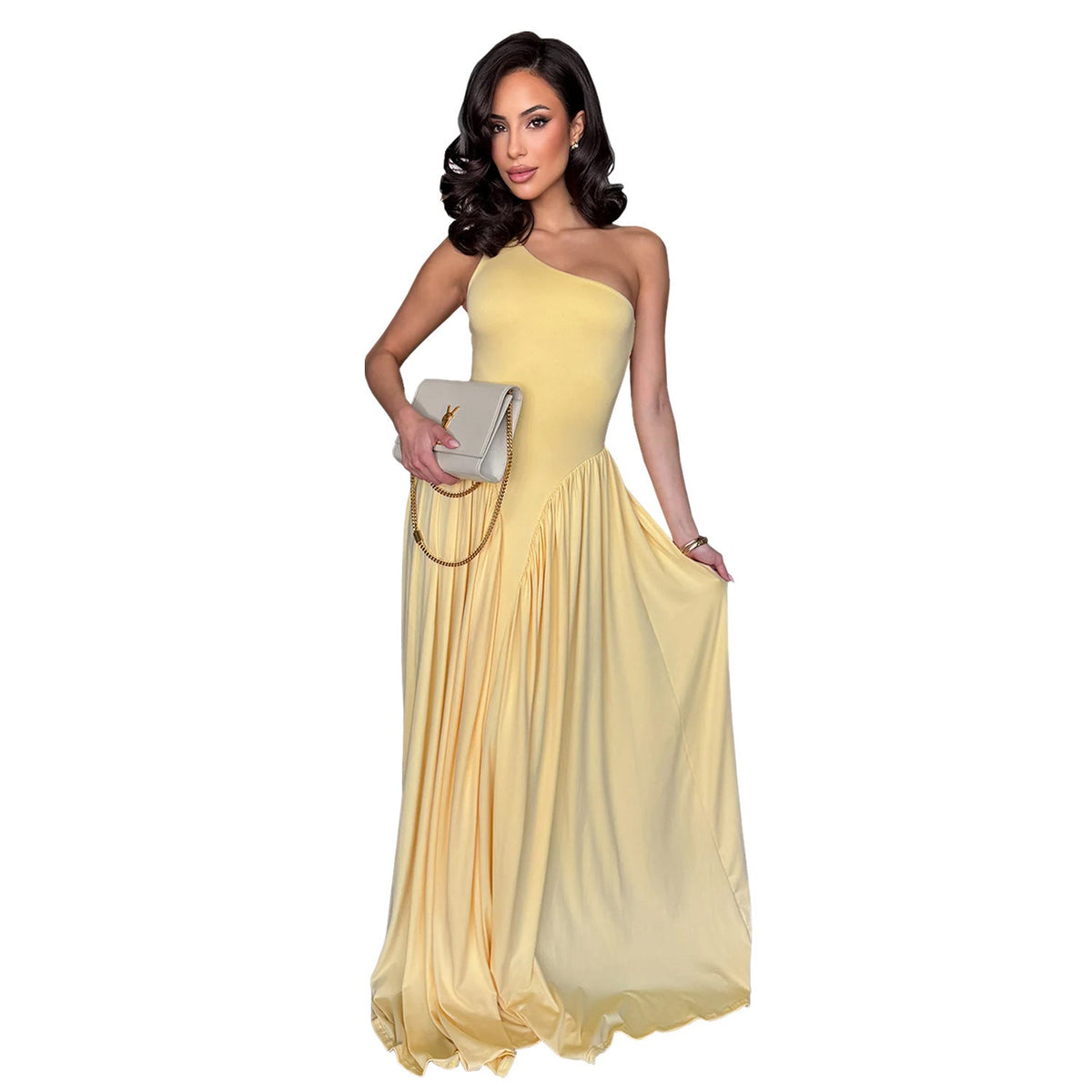 One-Shoulder Ruched Waist Voluminous Gathered Flowy A-Line Maxi Dress