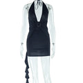Main Character Rhinestone Buckle Halter Ruffle Mini Dress