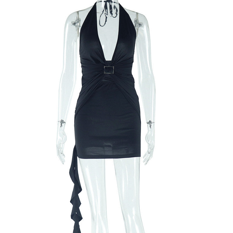 Main Character Rhinestone Buckle Halter Ruffle Mini Dress