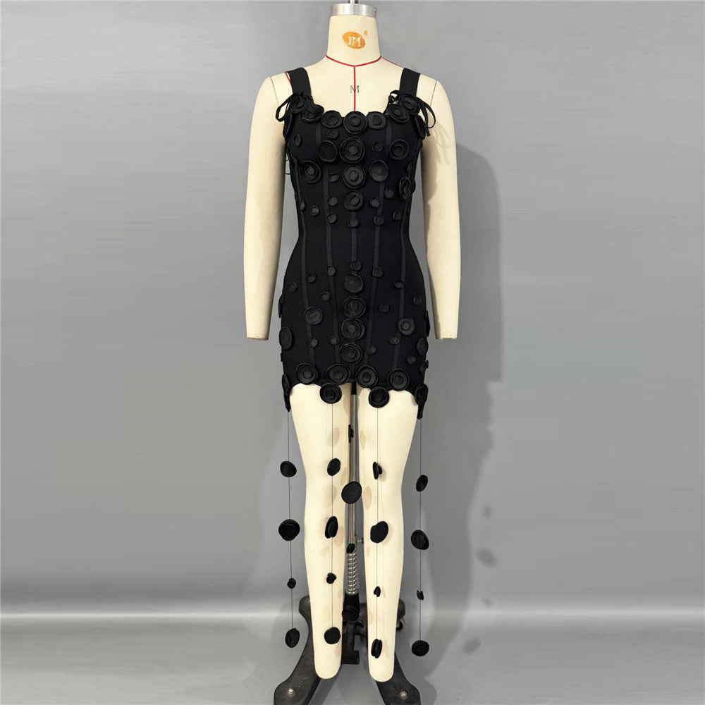 Disc Fever 3D Wafer Apliqué Disc Tassel Bandage Bodycon Mini Dress