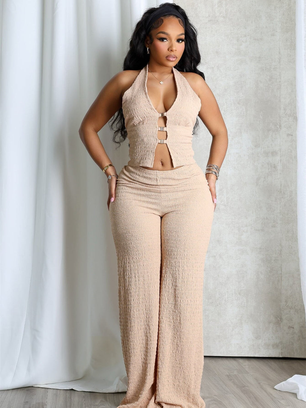Textured Crinkle Halter O-Ring Crop Top & Wide-Leg Flare Pants Two-Piece Set | Backless & Resort Luxe