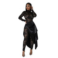 Sheer Lace Mock-Neck Jumpsuit & Draped Satin Asymmetric Wrap Skirt Set