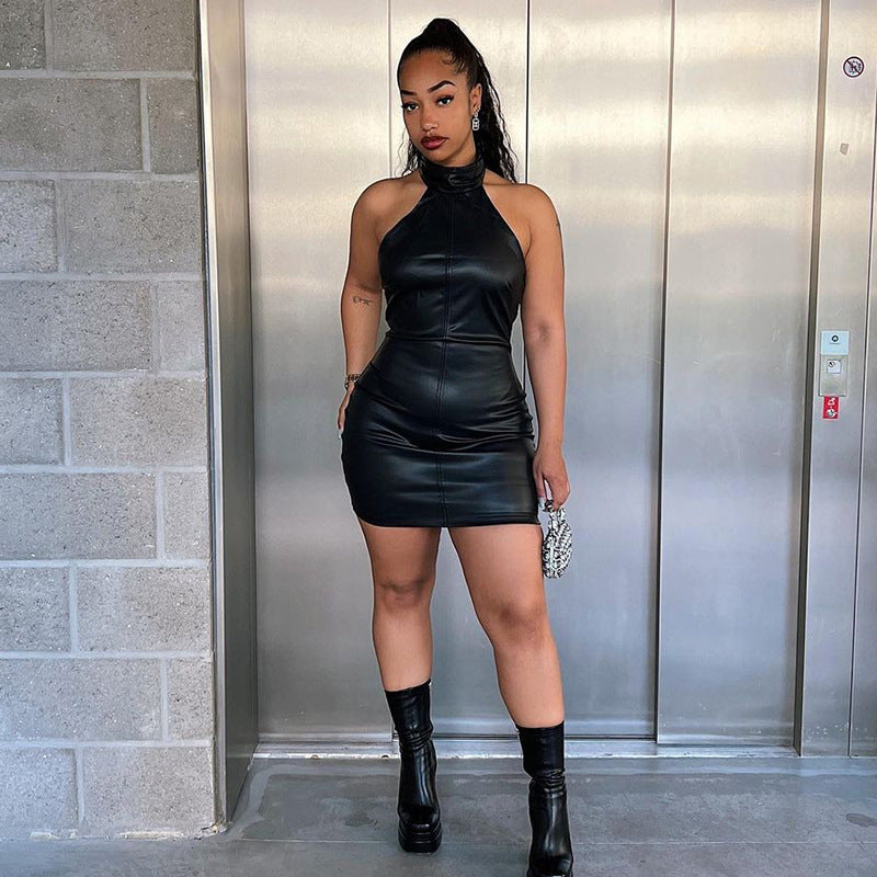 Faux Leather Braided Halter Neck Bodycon Mini Dress