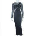 Women Clothing round Neck Mesh Stitching Long Sleeves Mid Length Tight Dress