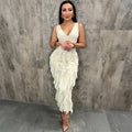 Deep V-Neck Center Cutout Allover Ruffle Cascade Maxi Dress