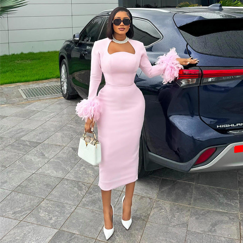 The Sweet Feather Trim Slimming Midi Dress