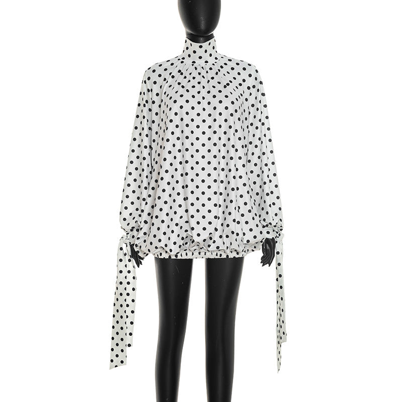 Polka Dot Bow Neck Puff Sleeve Elasticated Hem Mini Dress