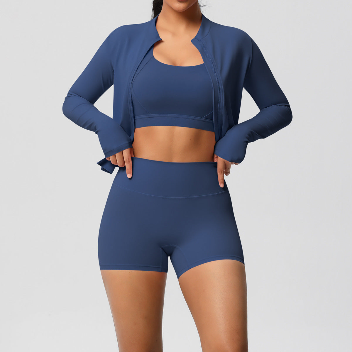 3-Piece Zip Jacket, Sports Bra & Biker Shorts Activewear Set