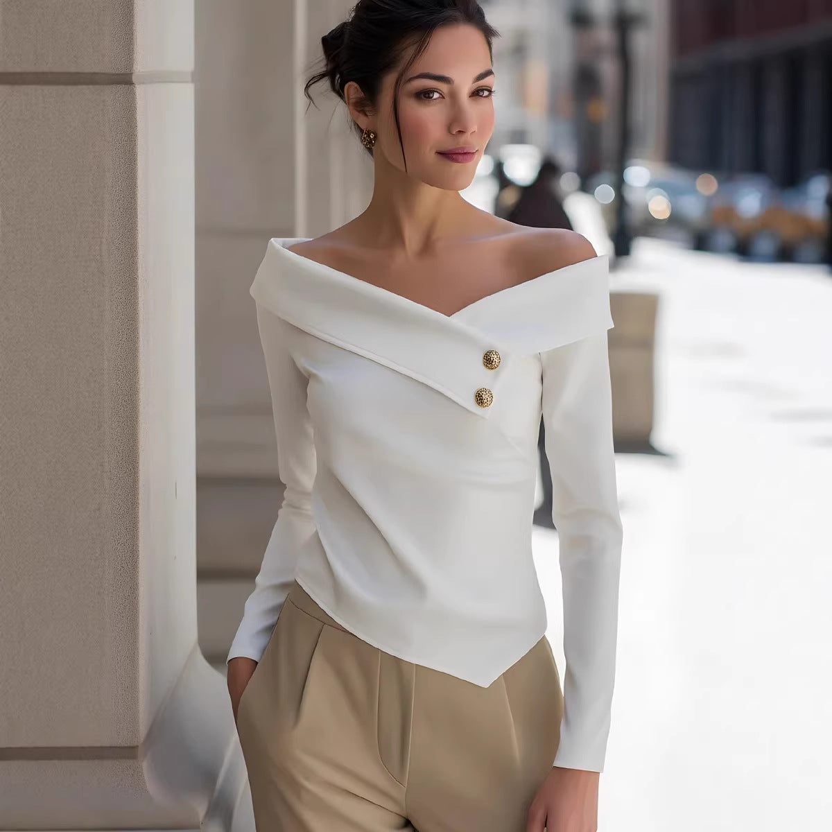 Off-Shoulder Asymmetric Wrap Long Sleeve Top